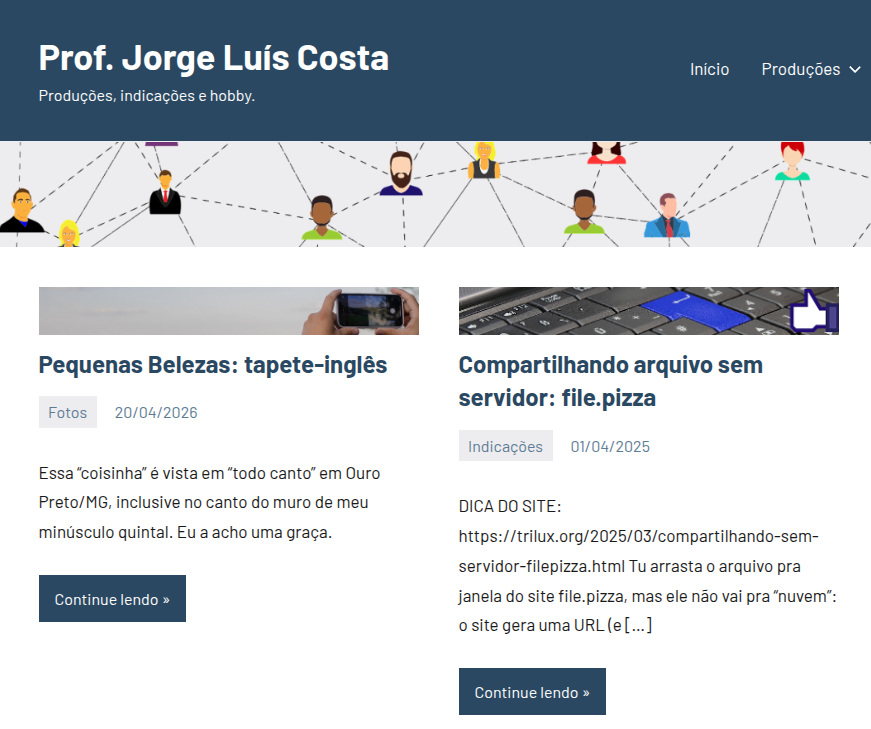 Captura de tela da página inicial do blog pessoal do Professor Jorge Luís Costa.